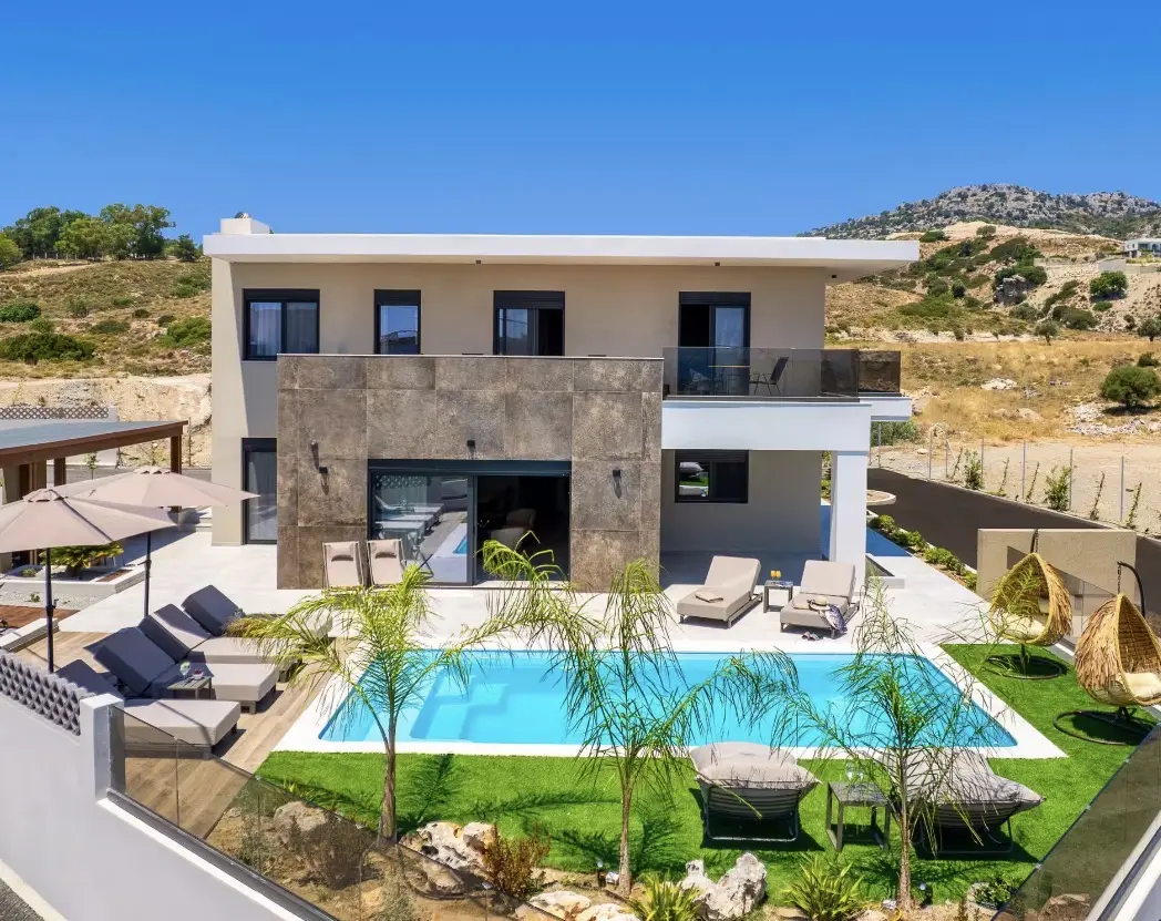 Full daytime view of the Rhodes villa and private swimming pool